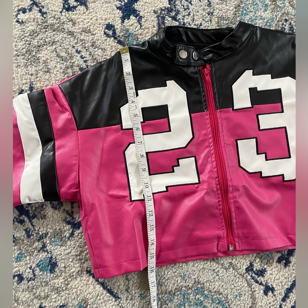 NEW, Women's Pink & Black Cropped Faux Leather Bomber Jacket - Picture 5 of 9